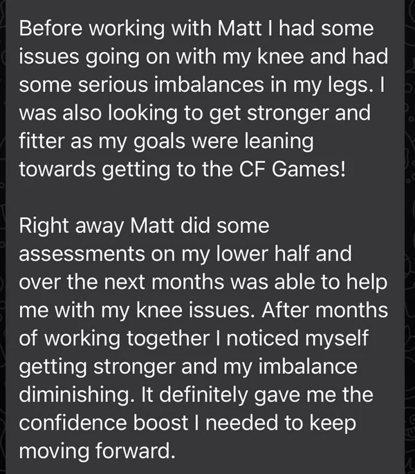 Client message: knee issues and leg imbalance resolved, stronger and more confident