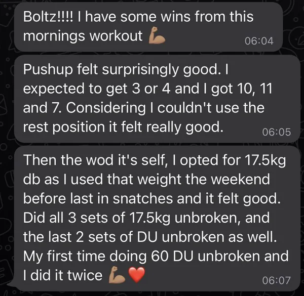 Client message: workout wins, unbroken push-ups and double-unders