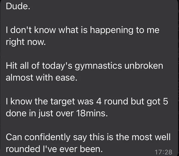 Client message: hit gymnastics unbroken, most well rounded I've ever been
